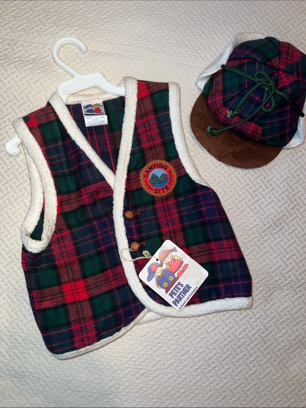 VTG Kids Red & Green Plaid Sherpa Trimmed Vest with Matching Hat